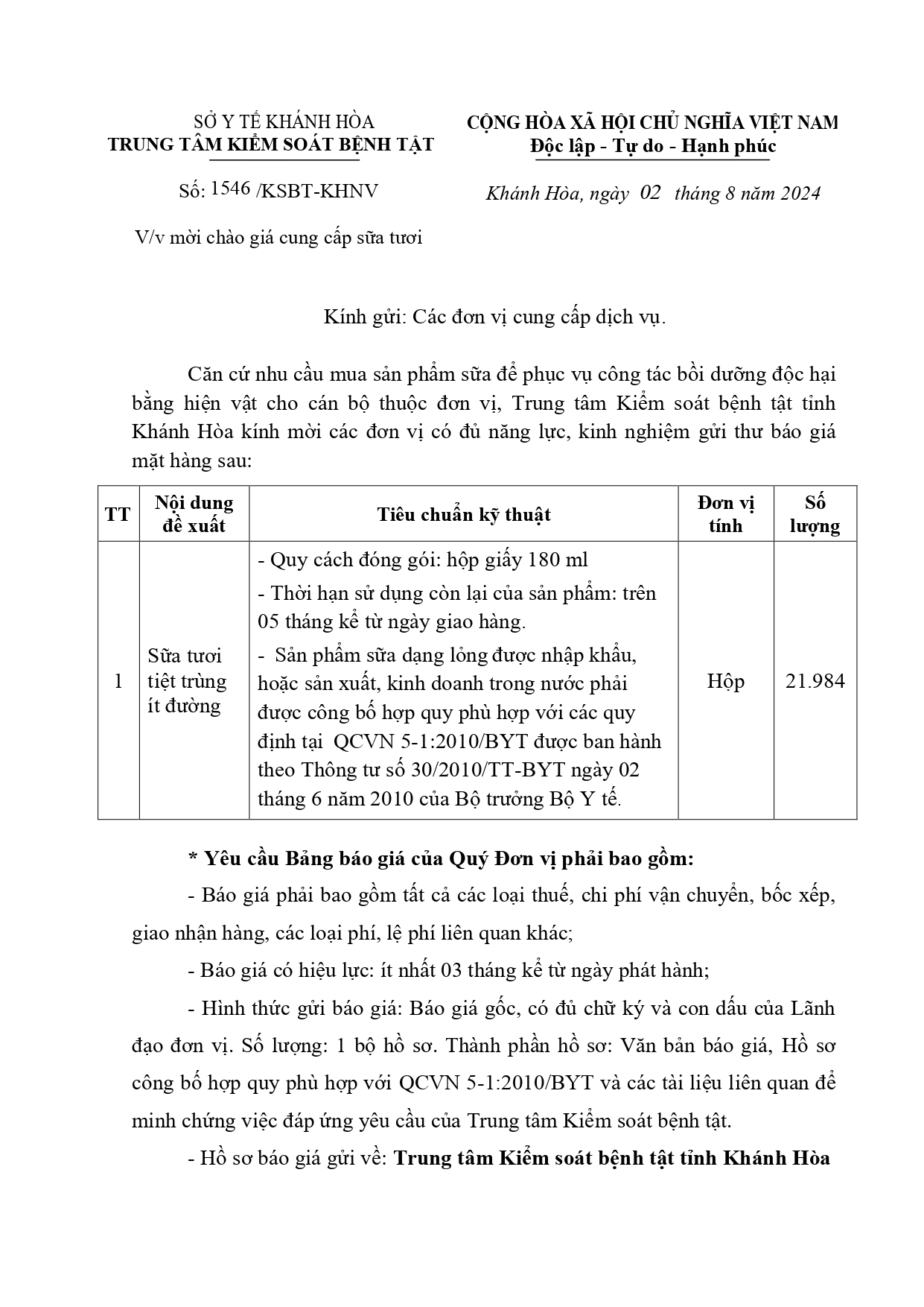 V/v mời chào giá cung cấp sữa tươi